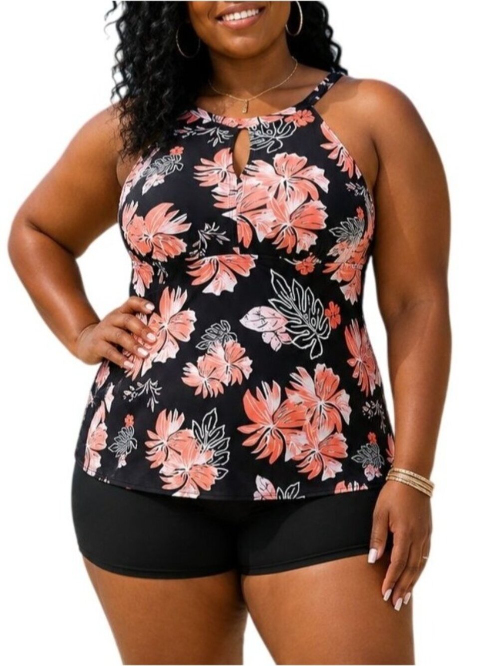 Aqua Eve Plus Size 16W Tankini Set Floral Black Orange High Neck Tummy Control